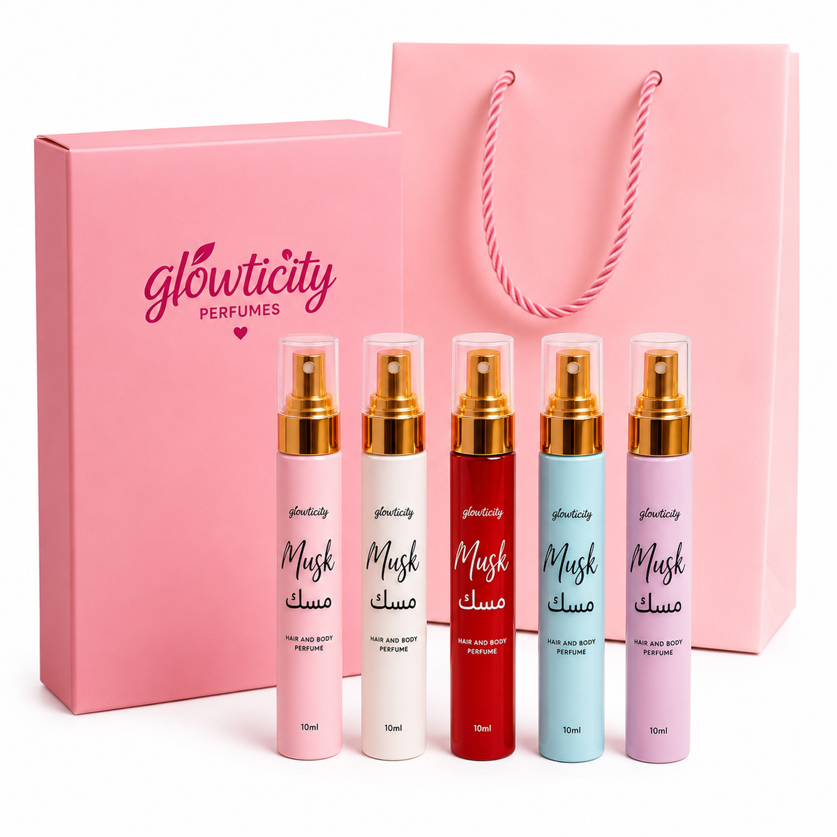 Glowticity Musk hair and body perfume mini bottles with a pink gift box and bag