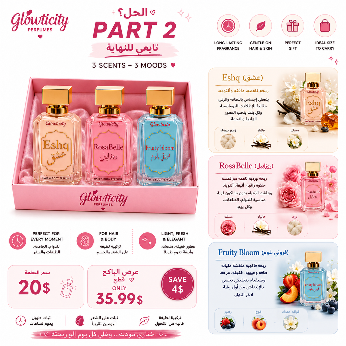 Arabic information sheet for the Eshq, RosaBelle and Fruity Bloom perfume trio showing the scent notes for each