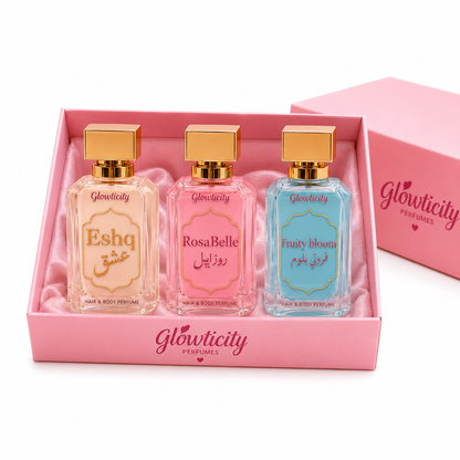 Eshq, RosaBelle and Fruity Bloom hair and body perfumes in a pink Glowticity satin-lined gift box