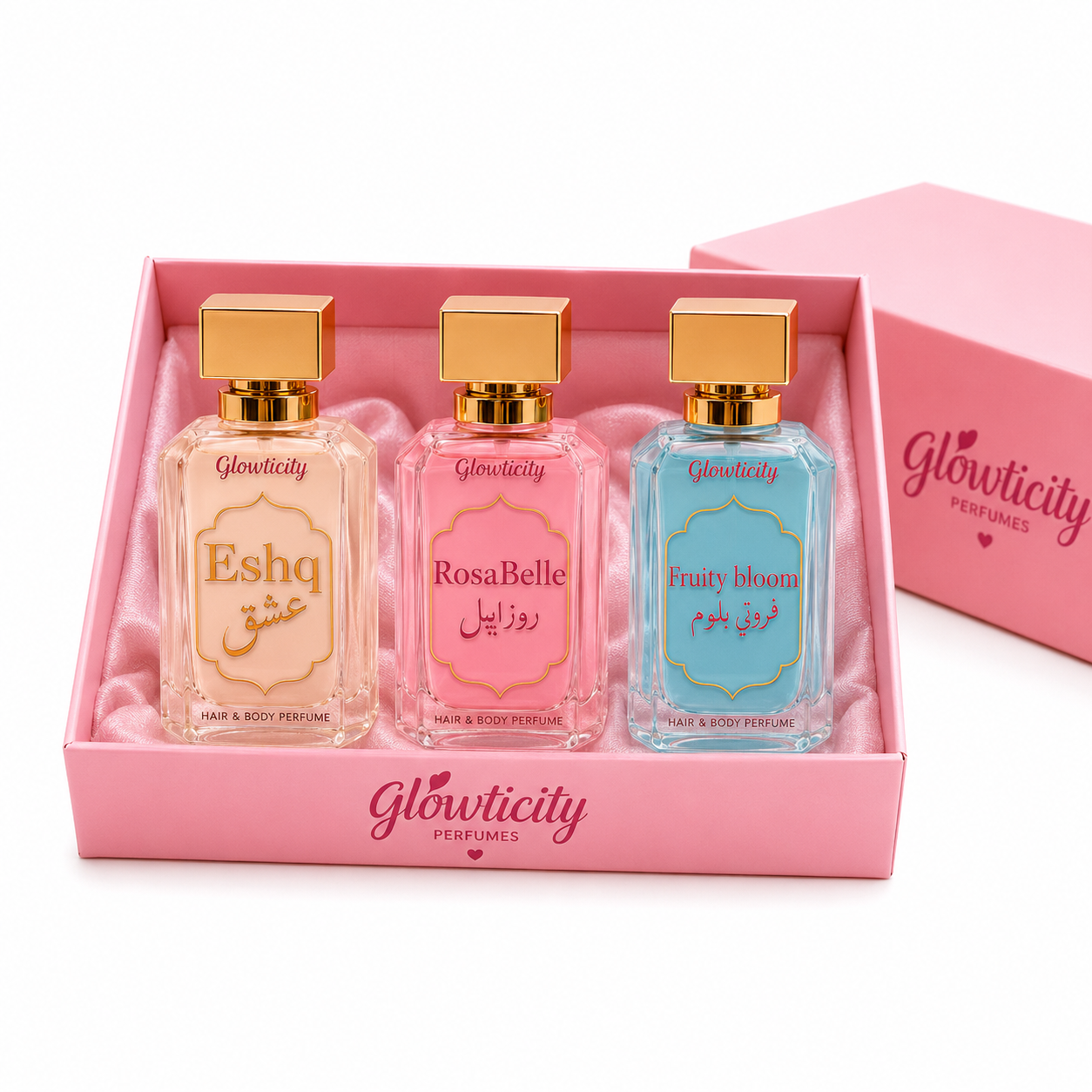 Eshq, RosaBelle and Fruity Bloom hair and body perfumes in a pink Glowticity satin-lined gift box